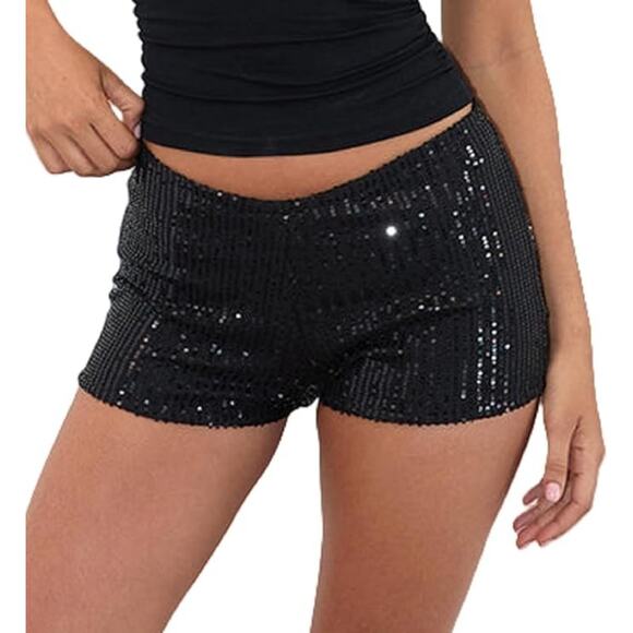Y2K Black Sparkly Sequin Low Rise Micro Mini Club Going Out Baddie Shorts MED - Picture 1 of 5